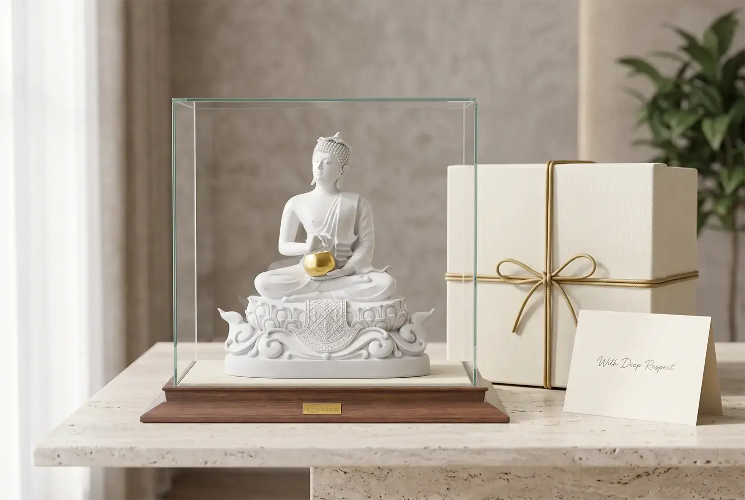 ชุดของขวัญองค์กรสไตล์ Silent Luxury ประกอบด้วยประติมากรรมขาวทองและการ์ดอวยพรเรียบหรู