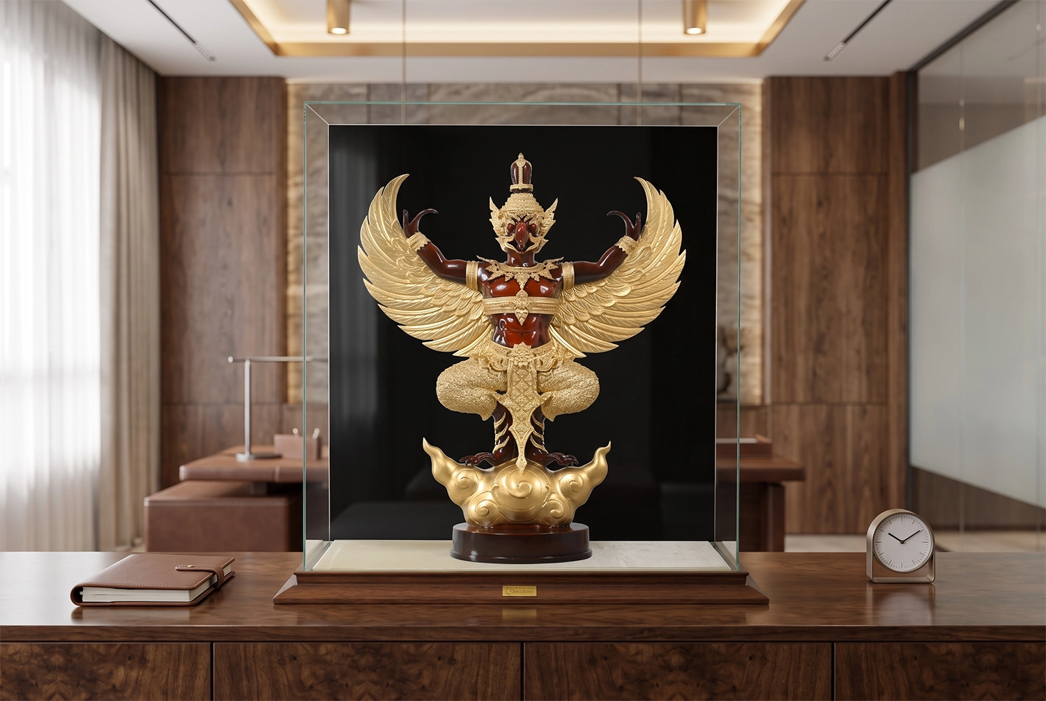 พญาครุฑประดับในห้องทำงานผู้บริหาร โทนทอง เทาเข้ม และแดงเข้ม